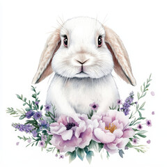 Enchanting Bunny with Flowers: A charming illustration featuring a sweet bunny surrounded by vibrant, pastel-colored flowers, creating a whimsical and delightful scene.