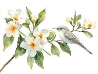 Spring Symphony: A watercolor illustration of a delicate bird perched on a blossoming branch, bringing the serene beauty of nature and the freshness of spring into full bloom.