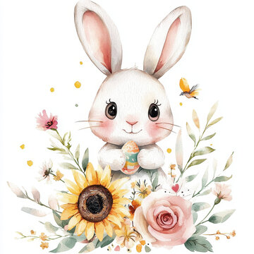 Easter Bunny Amidst Floral Embrace: A charming watercolor illustration of a cheerful bunny holding a decorated egg, surrounded by a vibrant array of flowers, embodying the spirit of Easter and spring.