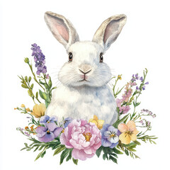 Springtime Bunny: A serene, snow-white bunny, adorned with vibrant, blossoming flora. This illustration evokes the essence of springtime.