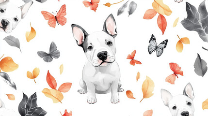 Playful Puppy Surrounded by Nature: A charming, illustration depicts a cute puppy amidst butterflies and leaves, inviting viewers to revel in the whimsical beauty of this scene.
