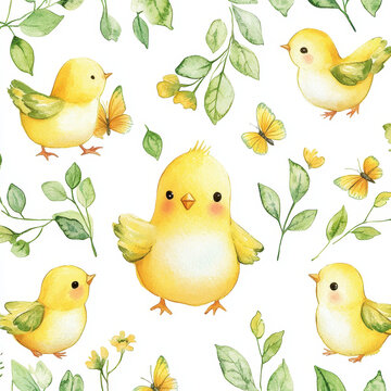 Charming Baby Chickens: Delightful watercolor illustration of baby chickens, butterflies, and foliage, creating a whimsical scene.