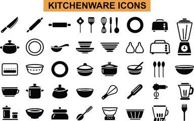 Diverse Kitchenware Icon Set Featuring Essential Cooking Utensils and Appliances for Culinary Enthusiasts and Professional Chefs