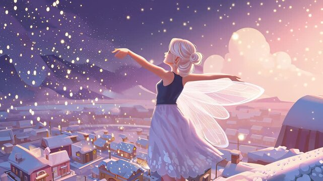 A fairy is sitting on a snowy rooftop in a city. The fairy is holding a flower in her hand