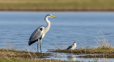 Fototapeta premium Grey Heron and Small Bird by the Lake.