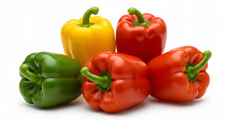 A colorful assortment of bell peppers isolated on white background, including red, yellow, and green, fresh and vibrant vegetables for cooking