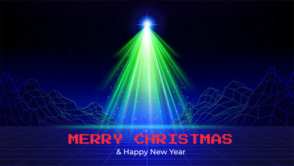 Merry christmas and happy new year greeting card. Retro futuristic synthwave poster in the style of 80s computer games. Laser Christmas tree, pixel font. 3d wireframe mountain, mesh grid floor. Vector