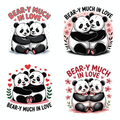 Two pandas hugging with hearts and flowers love couple