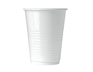 A single, disposable, white plastic cup with subtle horizontal lines, slightly tapered, shown against a transparent background