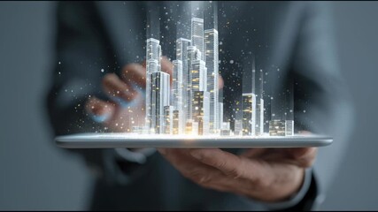 Cityscape Innovation: A futuristic vision of urban development, with a digital city model emerging from a tablet held by an individual. - Powered by Adobe
