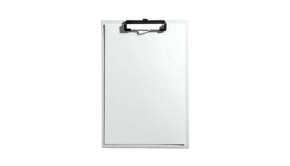 A clean, white clipboard with a black clip, holding a blank sheet of paper, is shown against a black background