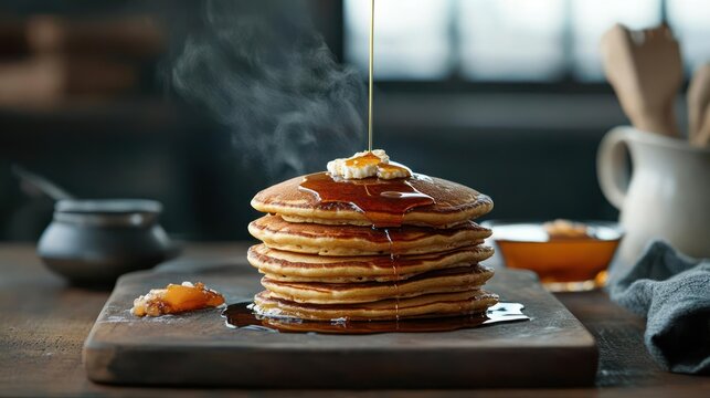 Irresistible stack of golden pancakes drenched in syrup, with a rustic kitchen backdrop, evoking