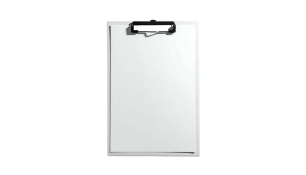 A clean, white clipboard with a black clip, holding a blank sheet of paper, is shown against a black background
