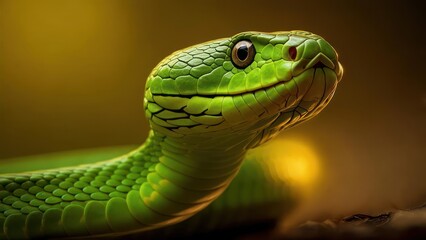 Fototapeta premium Vibrant green snake's detailed head and scales emerge from soft-focus background, showcasing intricate textures and natural beauty