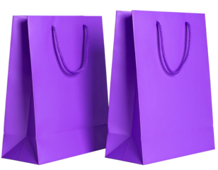 Two vibrant purple paper gift bags with matching rope handles stand side-by-side against a black background.  They're slightly angled, showcasing their form