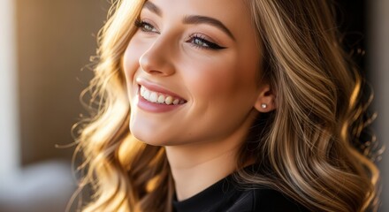 A radiant woman with a captivating smile showcases her flawless makeup and elegant hairstyle in a closeup portrait, exuding confidence and beauty