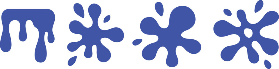 Four Blue Splashes and Drips on White Background splatter liquid
