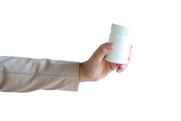 Person holding a white color bottle. Isolated on transparent background, close up view.