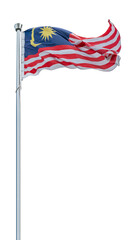Malaysia flag tied on a pole, isolated on transparent background.