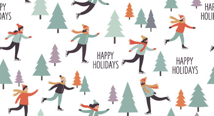 Joyful ice skaters glide through a festive winter forest celebrating happy holidays with warm scarves and hats