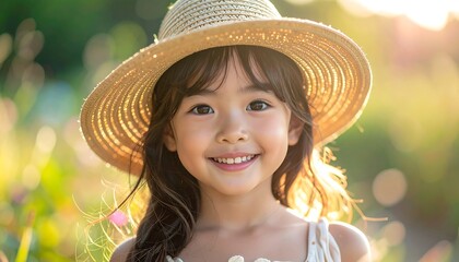 A young girl with long dark hair, wearing a straw hat, smiles brightly in an out-of-focus sunlit field. A joyful portrait