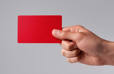 Obraz premium Close-up of a hand holding a red card, isolated on a white background, in a minimalistic style