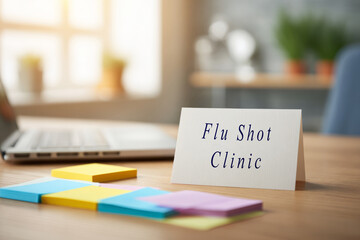 Business card with text Flu Shot Clinic on desk. Flu shot appointment card next to a calendar and sticky notes, conveying vaccination schedule or reminder concept