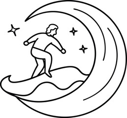 surfer riding cosmic wave line art