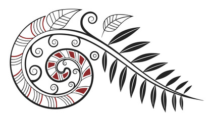 Intricate Black and Red Swirls and Leafy Branch Design Element