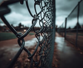 The Chain-link Fence Perspective: The image captures a detailed chain-link fence, showcasing a perspective that leads the viewer's eye into a blurred baseball field and a cloudy sky.