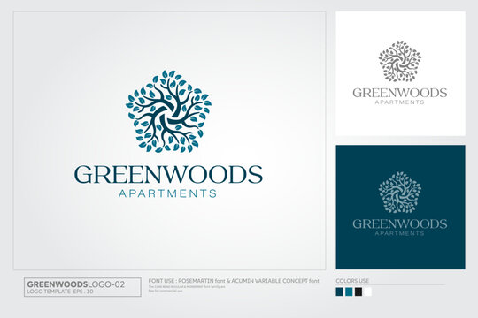 Green Woods Apartment Vector Logo Design. Professional Logo Design Template, An Excellent Logo Template for your Company. The Logo can be used with many kind of Business. 