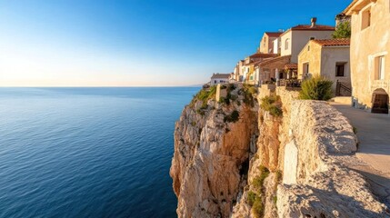 Dramatic coastal cliffside village against azure seascape and clear blue sky