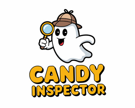 Cartoon ghost character as candy inspector with magnifying glass  