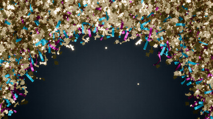 Gold and neon confetti arc crowns the top on deep midnight, leaving a clean center for titles. Festive header for web and social.