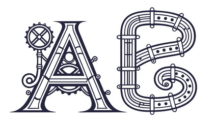 Steampunk Initial Letters A and B with Intricate Mechanical and Piping Details