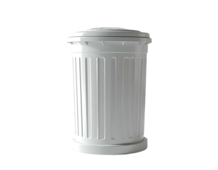 A cylindrical, white, outdoor waste receptacle with a slightly domed lid and vertical ribs for added strength and visual appeal.  It sits on a slightly wider base