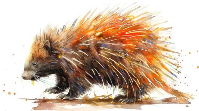 A porcupine is sitting on a white background, its quills visible