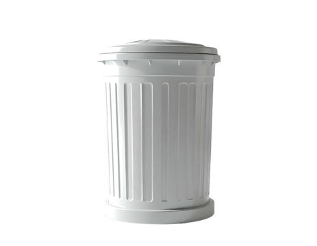 A cylindrical, white, outdoor waste receptacle with a slightly domed lid and vertical ribs for added strength and visual appeal.  It sits on a slightly wider base