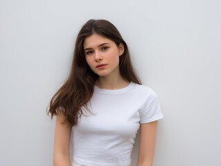 Obraz premium Young Woman in White T-Shirt Portrait Against Gray Background - Casual Natural Beauty Photography