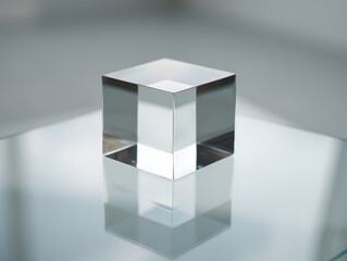 Clean Minimalist Glass Cube on Reflective Surface: Modern Product Display Mockup