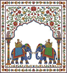  Create a Mughal Rajasthani art style featuring adorned elephants floral archway and decorative border vector art with white background.