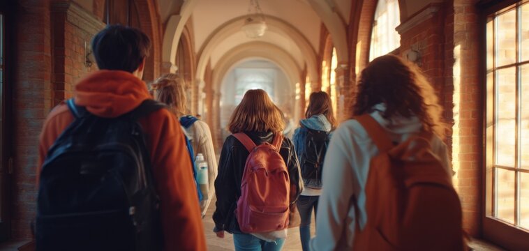 The group of students walking together in a sunlit school corridor.