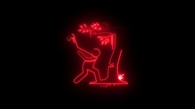 Red neon silhouette of a person chopping a tree with an axe on a black background symbolizing deforestation destruction environmental crisis danger warning
