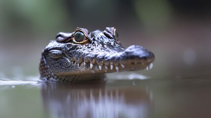 Serene encounter with a caiman in murky waters showcases nature's captivating allure