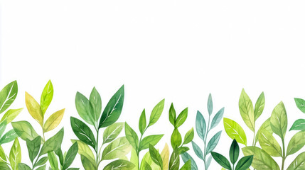 Obraz premium Vibrant watercolor green and yellow leaves forming lush botanical border against clean white background, depicting fresh organic growth and nature's serene beauty