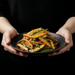 hands holding plate of oi muchim 오이무침 (spicy cucumber salad) with sliced cucumbers, red chili flakes, and sesame seeds, served on a black dish against a black background