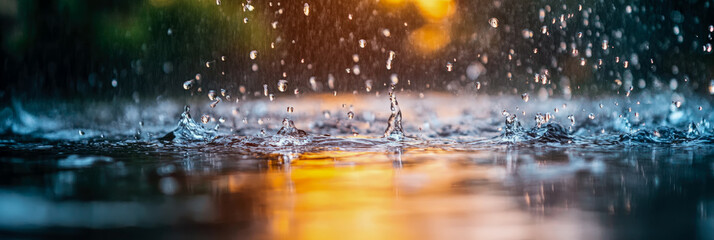 Dynamic close-up of heavy rain showers creating vibrant water splashes and ripples on wet surface with colorful reflections of warm sunset and cool twilight light