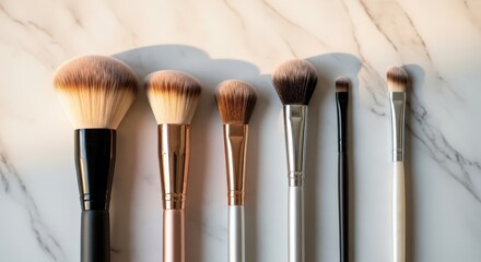 An array of makeup brushes arranged in a row, showcasing different sizes and shapes against a white marble background, creating a clean and organized aesthetic