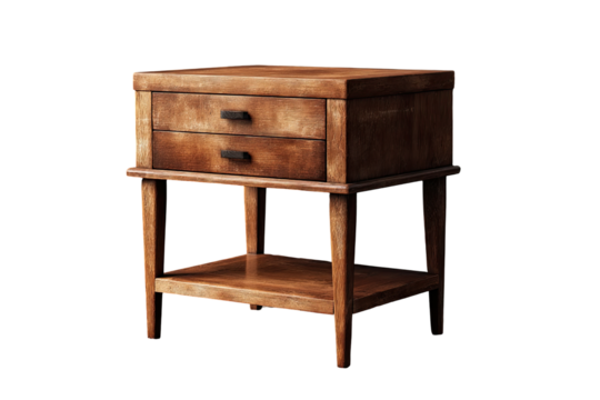 Wooden nightstand with two drawers and a shelf.  Simple,  modern design,  warm tones
