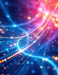 Fototapeta premium A dynamic abstract design showcases swirling lines of glowing points in vibrant blue and orange hues, set against a dark background.